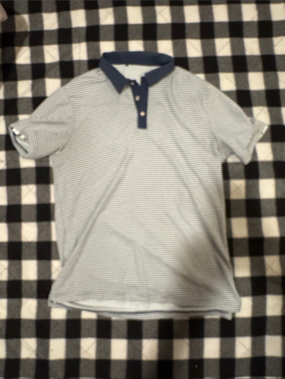 adidas Light Blue and White Fine Stripe Polo with Navy Collar